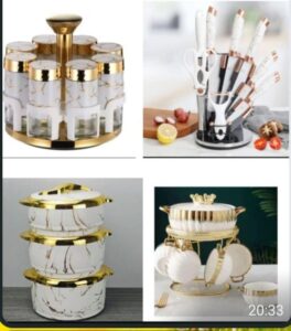 A rotating spice rack with gold-accented glass jars