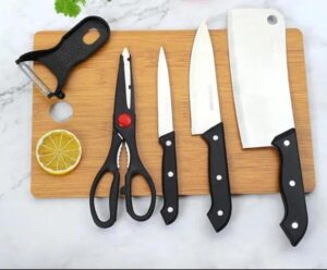 6-piece kitchen knife set on a cutting board